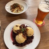 Knedlíky (front), halušky, and IPA  at Střecha in Prague