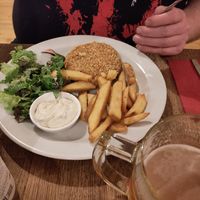 Fried cheese with fries and salad at Střecha in Prague