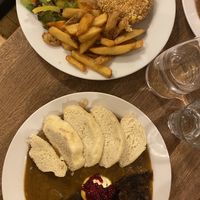 Top: fried cheeze, chips & side salad. Bottom: soy ‘sirloin’, vegetable sauce, bread   at Střecha in Prague