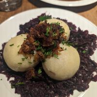 Soy meat dumplings with cabbage at Střecha in Prague