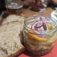 Pickled tofu "cheese" with bread at Střecha in Prague