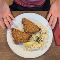 Schnitzel with potato salad at Střecha in Prague