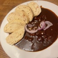 Goulash - almost only the broth, almost no „meat“ pieces   at Střecha in Prague