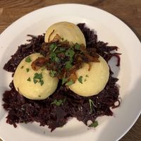 Stuffed dumplings on red cabbage (favorite)  at Střecha in Prague