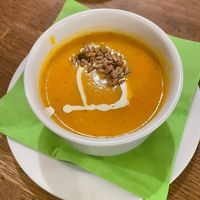 Sweet potato soup at Střecha in Prague