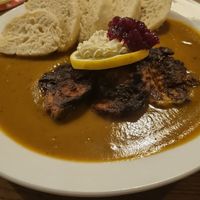 Soy sirloin, veggie sauce and bread at Střecha in Prague