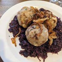 Dumplings and red cabbage at Střecha in Prague