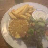 Vegan cheese slide with fries and vegan tartare   at Střecha in Prague