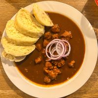 Bodvar goulash with traditional dumplings at Střecha in Prague