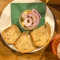 Vegan paté with bread at Střecha in Prague