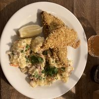 Schnitzel with potato saladd  at Střecha in Prague
