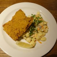 Main dish: Schnitzels w/ potato salad #Veganuary at Střecha in Prague