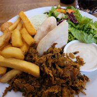 The kebab plate with fries and pita at Střecha in Prague
