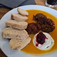 The soy sirloin in creamy vegetable sauce at Střecha in Prague