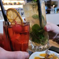 Mojito mocktail and cherry red Tequila mocktail at Střecha in Prague