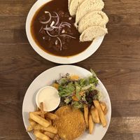 Budvar goulash & fried cheese!  at Střecha in Prague