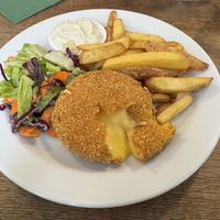 Fried vegan cheese with chips and tartare sauce  at Střecha in Prague