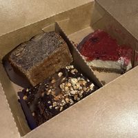 Banana bread, brownie, raspberry cheesecakee  at Střecha in Prague
