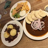 Dumplings, vegan fried cheese fries and budvar goulash  at Střecha in Prague