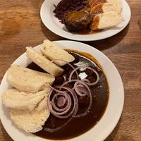 No-duck with bread dumplings and red cabbage + Budvar goulash at Střecha in Prague