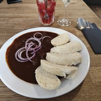 Budvar Goulash with bread dumplings at Střecha in Prague