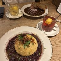 Goulash (back) and filled potato dumpling (front)  at Střecha in Prague