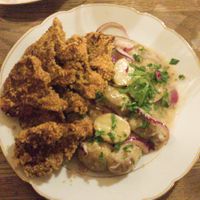 Mushroom schnitzel/ seasonal potato salad at Střecha in Prague