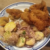 Oyster mushroom schnitzel with potato salad at Střecha in Prague