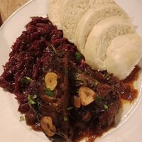 Another great meal, vegan duck with red cabbage and dumplings, we would definitely recommend! at Střecha in Prague