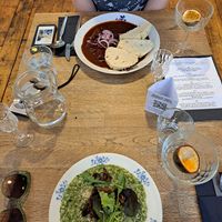 Spinach risotto with champignons, and goulash with dumplings at Střecha in Prague