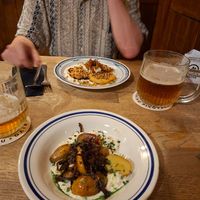 Starters (grenaille, cabbage pancakes) at Střecha in Prague