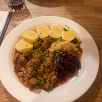 Roasted Soy Rinds with Potato Dumplings at Střecha in Prague