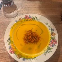 Ginger, carrot and coconut soup at Střecha in Prague