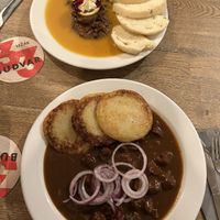 Budvar goulash (front) & Soy sirloin in creamy vegetable sauce (back)  at Střecha in Prague