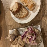 Tofu pickled in oil & pickled sausage   at Střecha in Prague