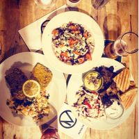 Schnitzel with potato salad, kebab plate, mixed veggie salad   at Střecha in Prague