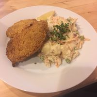 schnitzel with potato salad at Střecha in Prague