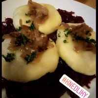 Czech dumplings with a soy filling (tastes like meat a bit) at Střecha in Prague