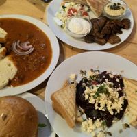 Goulash wirh dumplings, Kebap Plate, Beetroit Carpaccio and my favorite is the Fried Cheese in the Bun!!!! at Střecha in Prague