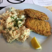 Soy schnitzel with potato salad - AMAZING at Střecha in Prague