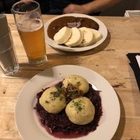 Goulash and stuffed dumplings on cabbage at Střecha in Prague