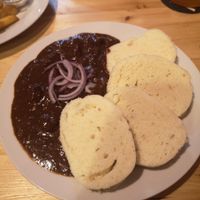 The best Goulash I had in Prague, with Chucky bits of Seitan and dumplings at Střecha in Prague