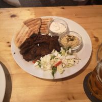 Seitan Kebab plate with Pitta, Hummus, Taziki and Salad at Střecha in Prague