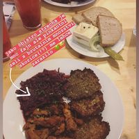 potato pancakes, cabbage and roasted soy at Střecha in Prague