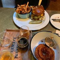 Burger, beer sampler + onion rings at The Dankness Dojo by Modern Times Beer in Los Angeles