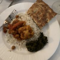 Cauliflower and chickpea entrée, cooked spinach, challow rice and the naan, which is vegan!  at The Helmand in Baltimore