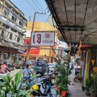 The sign outside- are there this morning,  very nice,  appears to be 100% vegan at Somjit in Chanthaburi