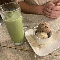Iced Matcha latte and chocolate and rum & raisin ice cream   at AIN SOPH.Journey in Kyoto