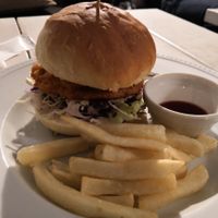 Vegan chicken burger with fries at AIN SOPH.Journey in Kyoto