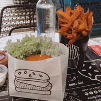 The classic burger, sweet potato fried and still water. 12.95£ at By Chloe - Covent Garden in London